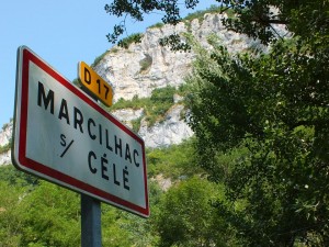 Panneau du village de Marcilhac-sur-Célé dans le Lot