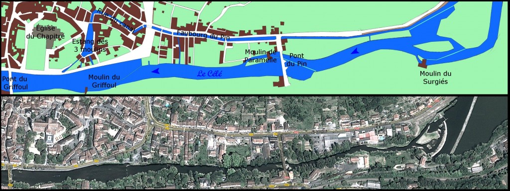 Le tracé de l'ancien canal d'alimentation des 3 moulins à Figeac